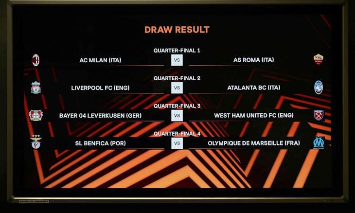 يوروبا ليغ: قرعة ربع النهائي تضع ليفربول مع أتالانتا وميلان مع روما
